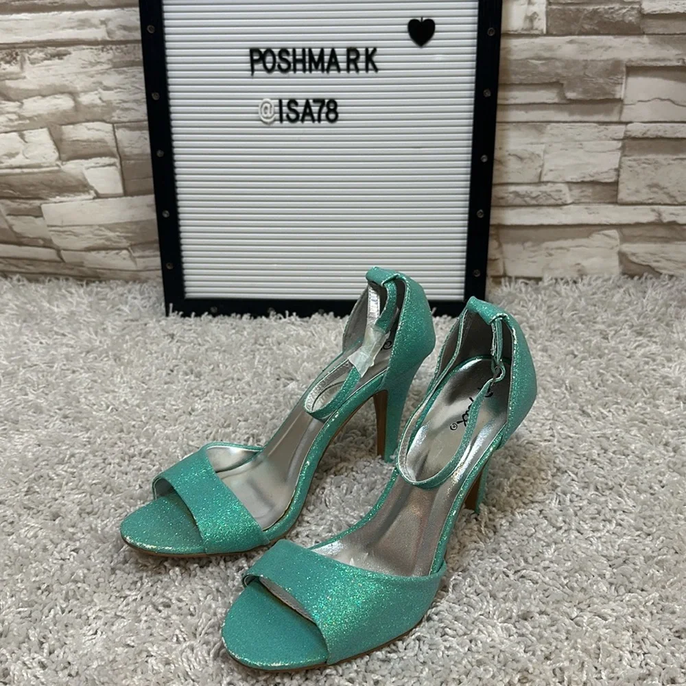 QUPID Mint Glitter Stiletto Heels.